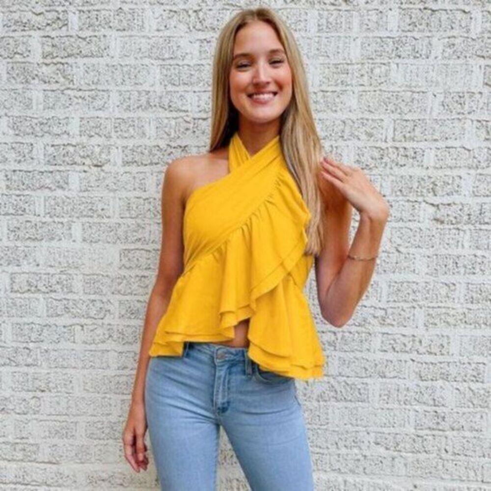 Yellow Layered‎ Ruffle Trim Overlap Shirred Halter Top Size XL